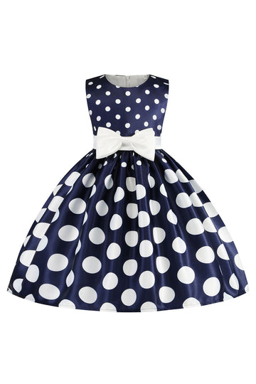 Azul Escuro Pontos de Polka Vestido das Meninas Com Laço